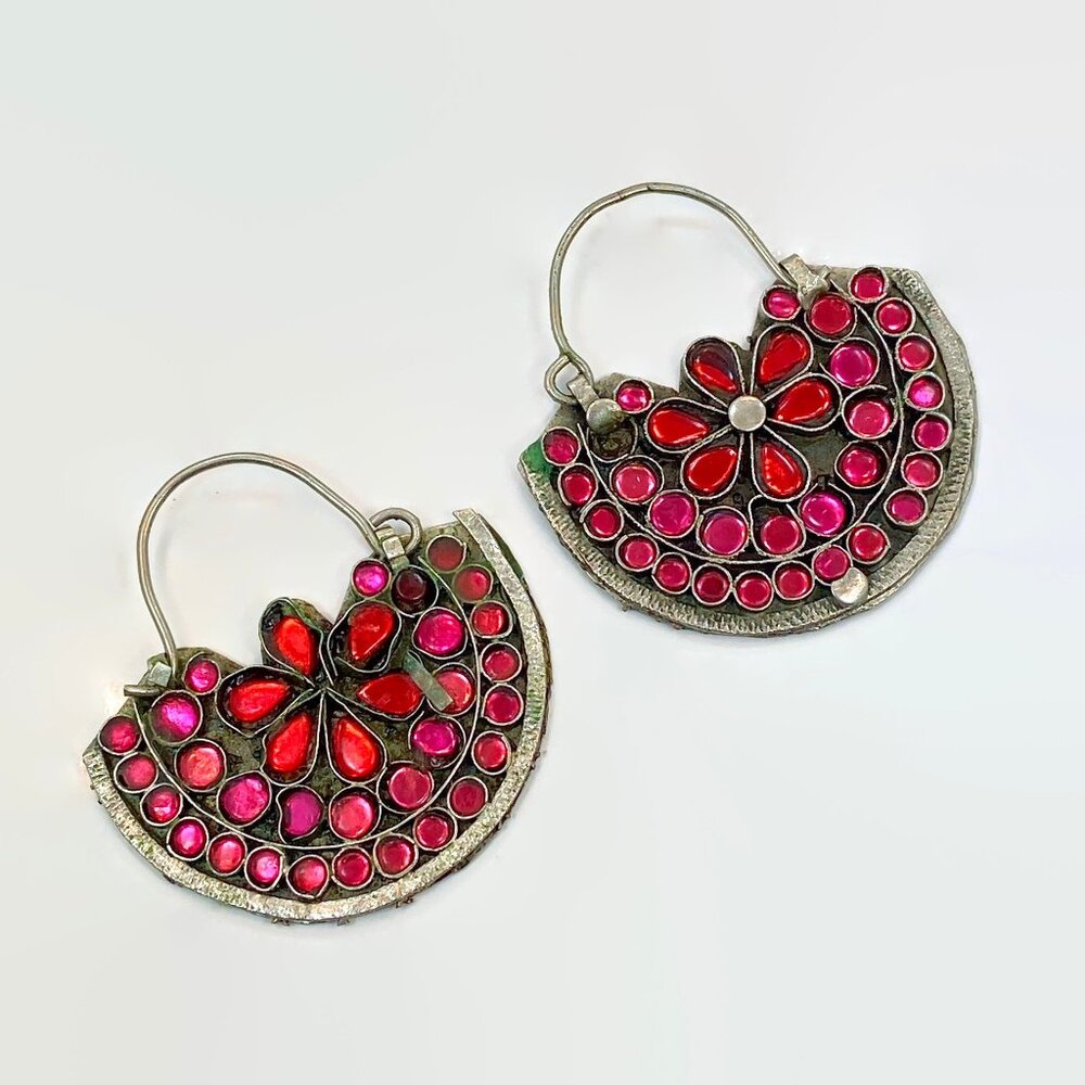 Hoop Earrings, Boho, Middle Eastern, Vintage Earrings, Kuchi, Pink, Red, Flower